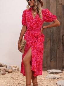 Chiquease Allover Print Puff Sleeve Wrap Belted Dress For New Year Clothes Maxi Women Outfit - Red - View 3