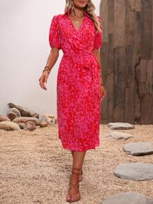 Chiquease Allover Print Puff Sleeve Wrap Belted Dress For New Year Clothes Maxi Women Outfit - Red - View 4