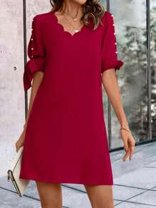 SHEIN Clasi 素色珍珠串珠貝殼邊打結袖口直筒連衣裙 - 酒紅色 - 查看 4