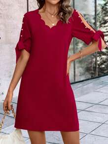 SHEIN Clasi 素色珍珠串珠貝殼邊打結袖口直筒連衣裙 - 酒紅色 - 查看 5