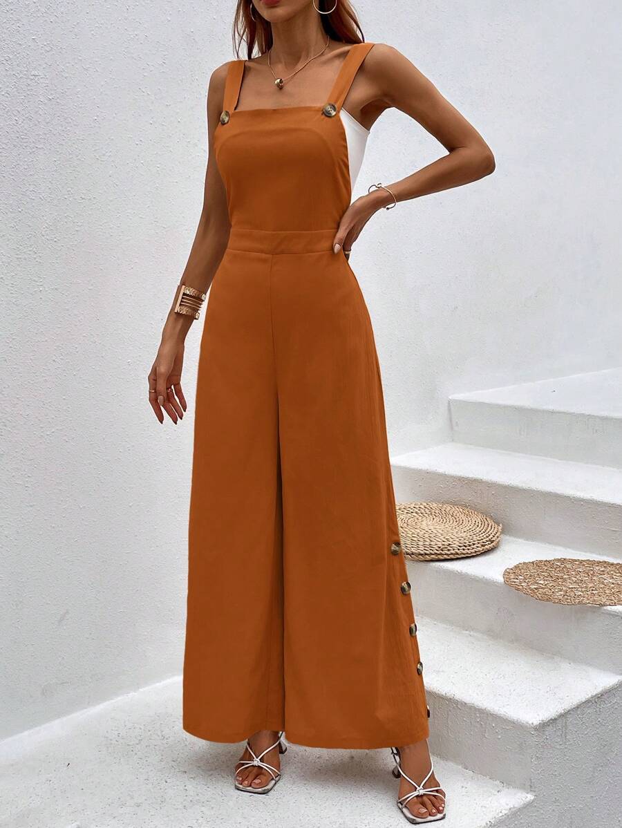 SHEIN VCAY Button Side Wide Leg Overall Jumpsuit Without Tube Top - Rust Brown - View 1