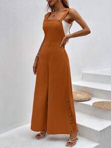 SHEIN VCAY Button Side Wide Leg Overall Jumpsuit Without Tube Top - Rust Brown - View 3