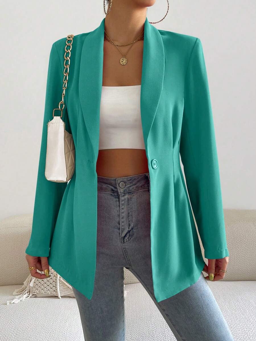 Chiquease Solid Shawl Collar Single Button Blazer - Green - View 1