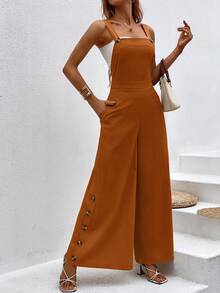 SHEIN VCAY Button Side Wide Leg Overall Jumpsuit Without Tube Top - Rust Brown - View 4