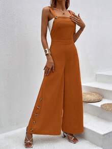 SHEIN VCAY Button Side Wide Leg Overall Jumpsuit Without Tube Top - Rust Brown - View 5