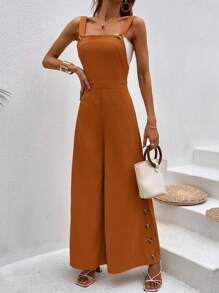 SHEIN VCAY Button Side Wide Leg Overall Jumpsuit Without Tube Top - Rust Brown - View 6
