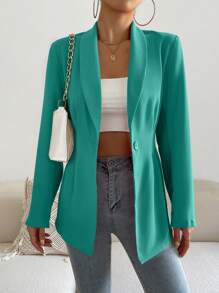 Chiquease Solid Shawl Collar Single Button Blazer - Green - View 6