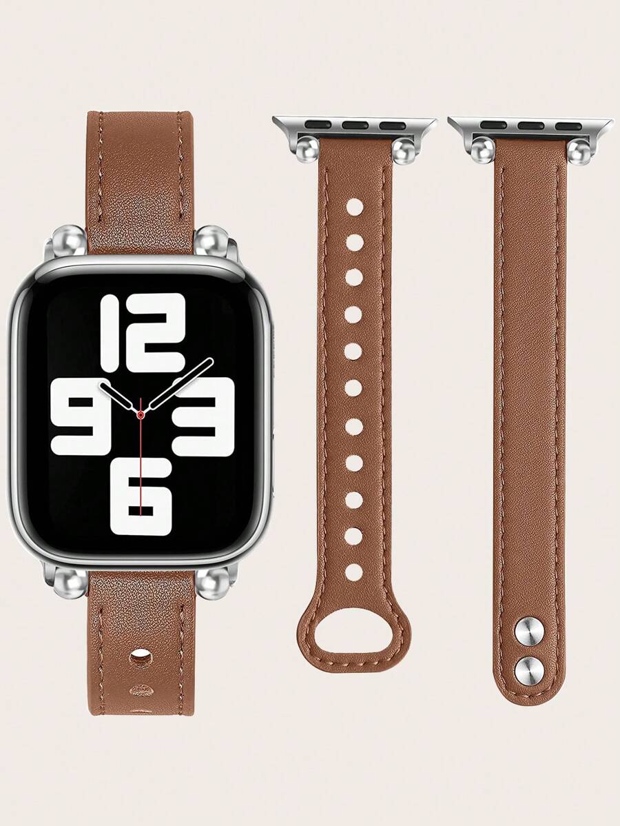 素色PU皮革錶帶適用於Apple Watch - 棕色 - 查看 1