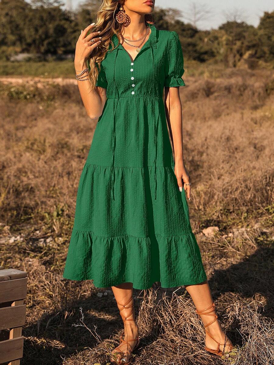 SHEIN VCAY 繫帶領泡泡袖荷葉邊連衣裙 - 綠色 - 查看 1