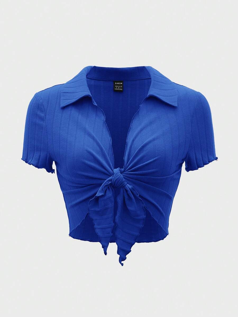 SHEIN EZwear 前繫帶木耳邊短款T恤 - 寶藍色 - 查看 1