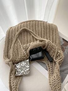 Women's Square Shoulder Tote Bag, Knitted Large Capacity Shopping Bag, Vacation Style Beach Minimalist Design, Suitable For Outings, Crochet Bags - Camel - View 3