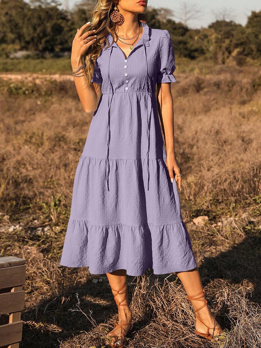 SHEIN VCAY 素色褶邊繫帶領荷葉袖荷葉邊洋裝 - 淡紫色 - 查看 1