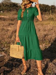 SHEIN VCAY 繫帶領泡泡袖荷葉邊連衣裙 - 綠色 - 查看 4