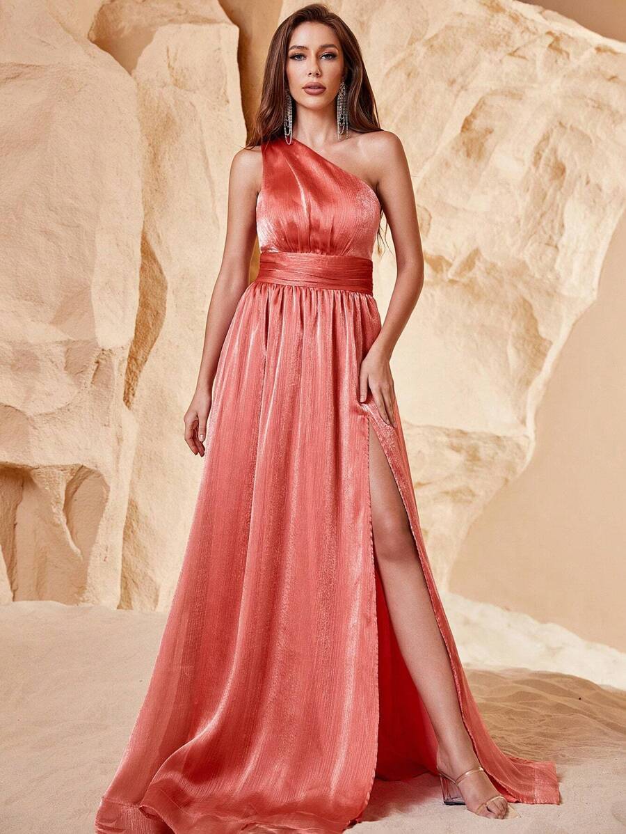 One Shoulder Split Thigh Satin Dress - Coral Orange - View 1