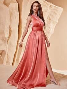 One Shoulder Split Thigh Satin Dress - Coral Orange - View 3