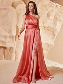 One Shoulder Split Thigh Satin Dress - Coral Orange - View 4