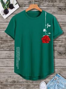 Manfinity Homme Hombres Camiseta con estampado floral con slogan - Verde Oscuro - Ver 3