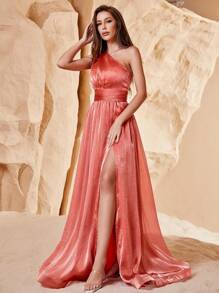 One Shoulder Split Thigh Satin Dress - Coral Orange - View 6