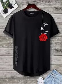 Manfinity Homme Men Floral & Slogan Graphic Tee, Rose Shirt, 2000s Style - Black - View 3
