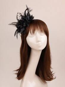 女士羽毛头饰礼帽，肯塔基风格，盖茨比德比帽，适合鸡尾酒会、婚礼、下午茶会等场合，头饰，发箍，发饰，黑色头饰 - 黑色 - 查看 2