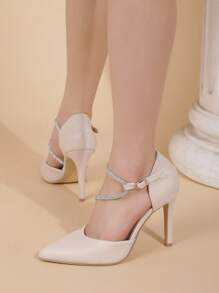 Women Rhinestone Decor Point Toe Stiletto Heeled Pumps, Fashion Beige Ankle Strap Pumps - Apricot - View 3