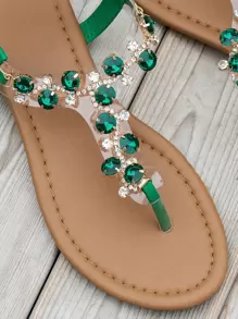 Women Rhinestone Decor Thong Sandals, Glamorous Outdoor PVC Flat Sandals - Green - View 5
