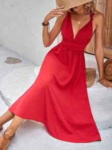 SHEIN VCAY Solid Criss Cross Tie Backless Dress - Red - View 1