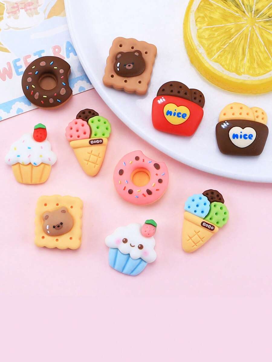 混合 10 件組diy 蛋糕、冰淇淋、卡通動物設計耳環、髮飾吊墜、冰箱貼、裝飾貼紙材料(不含磁鐵)帶雙面膠