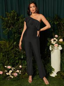 SHEIN Maternidad Mono de un hombro ribete con fruncido pierna amplia - Negro - Ver 3