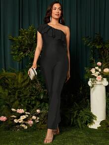 SHEIN Maternidad Mono de un hombro ribete con fruncido pierna amplia - Negro - Ver 6