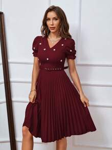 SHEIN Clasi Đầm Thắt lưng viền lá sen Ngọc trai Xếp li Dây kéo màu trơn Thanh lịch - Màu Tím - Xem 1