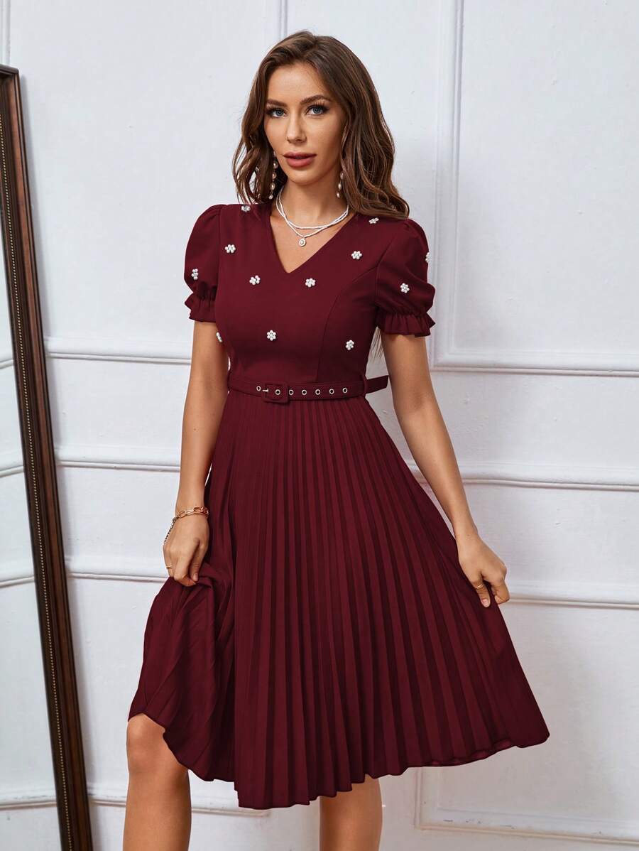 SHEIN Clasi Đầm Thắt lưng viền lá sen Ngọc trai Xếp li Dây kéo màu trơn Thanh lịch - Màu Tím - Xem 1