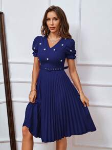 EMERY ROSE 珍珠串珠泡泡袖百褶下擺連衣裙 - 寶藍色 - 查看 1