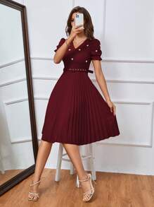 SHEIN Clasi Đầm Thắt lưng viền lá sen Ngọc trai Xếp li Dây kéo màu trơn Thanh lịch - Màu Tím - Xem 3