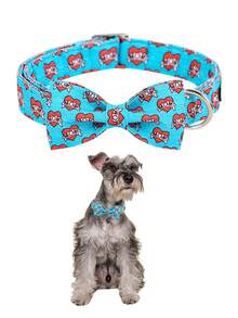 1pc Heart Print Pet Collar & 1pc Bow For Dog For Outdoor - Blue - View 2