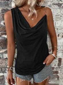 SHEIN Clasi Chain Detail Draped Front Top - Black - View 5