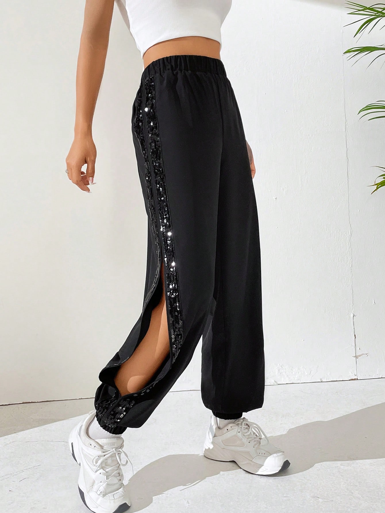 SHEIN EZwear Contrast Sequin Split Thigh Pants | SHEIN USA