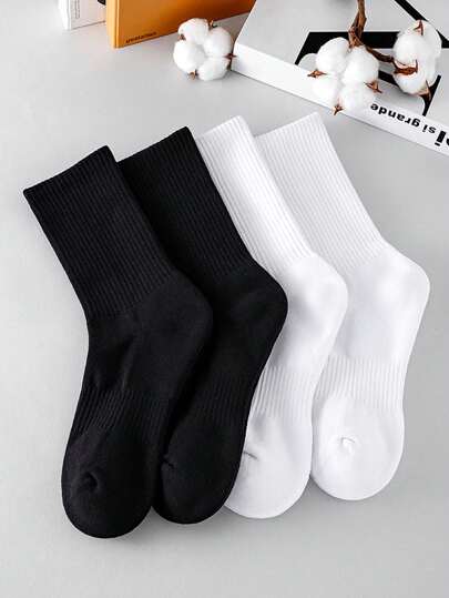 4雙/組男士休閒運動襪黑白色,透氣、吸濕、舒適貼合