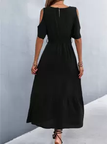 SHEIN LUNE Cold Shoulder Ruffle Hem Belted Dress - Black - View 2