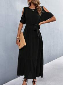 SHEIN LUNE Cold Shoulder Ruffle Hem Belted Dress - Black - View 5