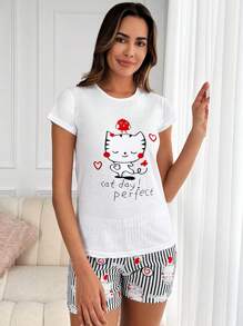 RueChic Cartoon Graphic Tee & Striped Print Shorts PJ Set White Set - White - View 3