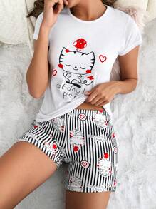 RueChic Cartoon Graphic Tee & Striped Print Shorts PJ Set White Set - White - View 5