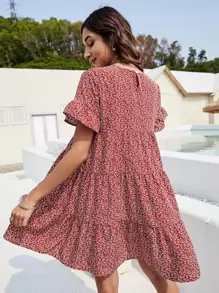 Breezaya 滿版植物圖案荷葉袖荷葉邊娃娃裙 - 紅色 - 查看 2