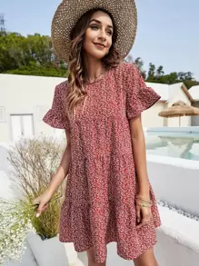 Breezaya 滿版植物圖案荷葉袖荷葉邊娃娃裙 - 紅色 - 查看 4