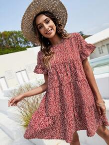 Breezaya 滿版植物圖案荷葉袖荷葉邊娃娃裙 - 紅色 - 查看 6