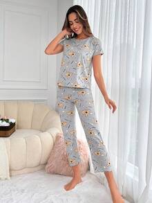 RueChic Cartoon Graphic PJ Set - Grey - View 4