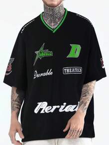 Manfinity EMRG Men Letter Graphic Contrast Trim Tee - Black - View 1