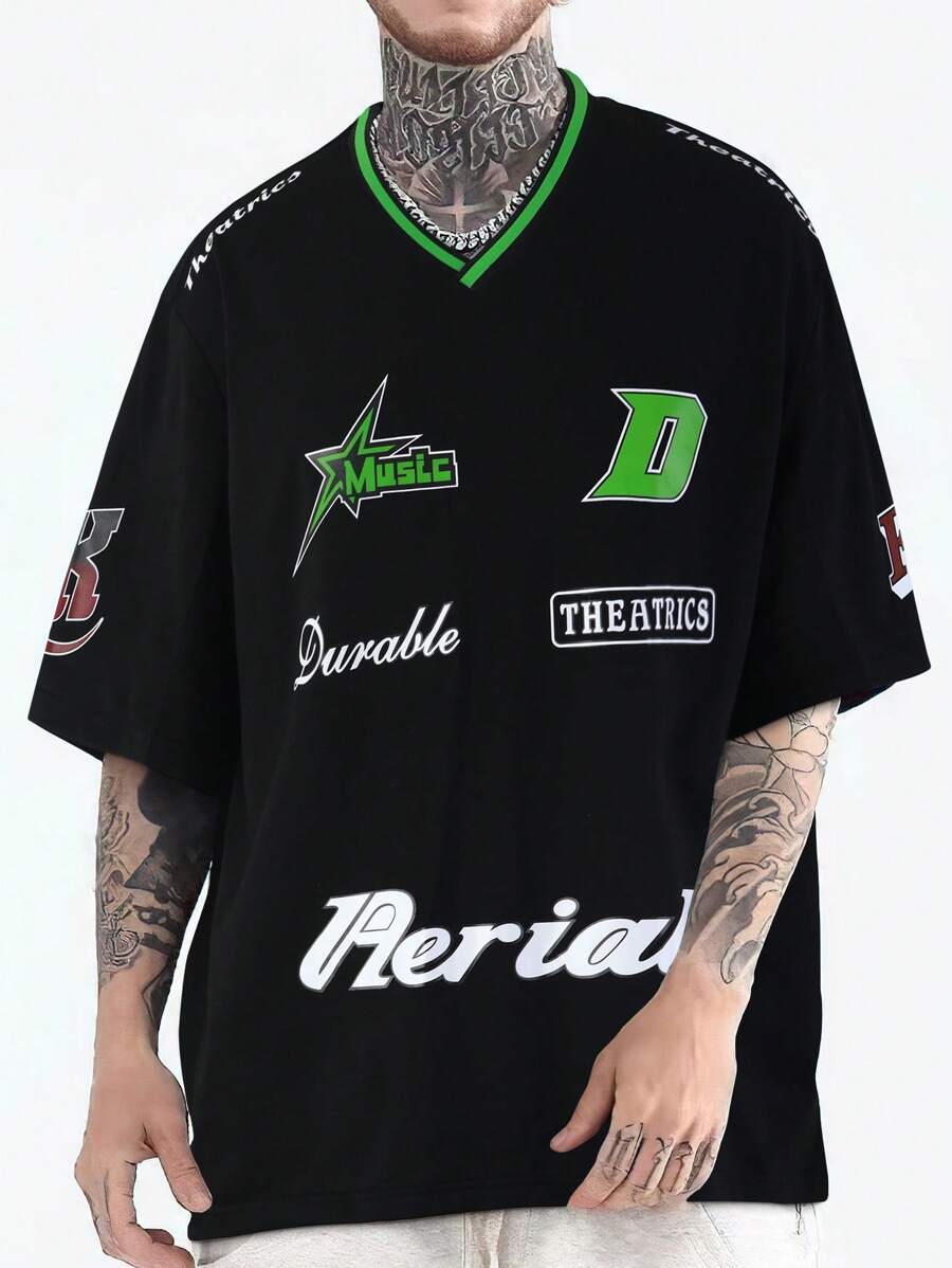 Manfinity EMRG Men Letter Graphic Contrast Trim Tee - Black - View 1