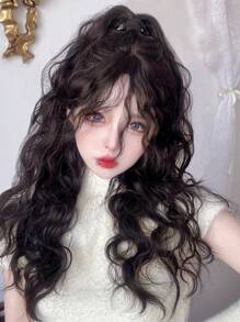 alicegarden 1 Piece Synthetic Heat-Resistant Long Bohemian Curl In Black Wigs, With Bangs, 24 Inches Long, Made From Fiber, Suitable For Daily Use, Natural And Realistic False Hairpiece. - Black - View 1