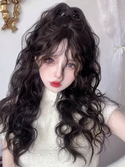 alicegarden 1 Piece Synthetic Heat-Resistant Long Bohemian Curl In Black Wigs, With Bangs, 24 Inches Long, Made From Fiber, Suitable For Daily Use, Natural And Realistic False Hairpiece.